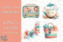Coral and Aqua Summer Clipart PNG Pastel Tropical Icons Product Image 1