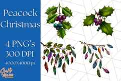 Peacock Christmas Clipart in Jewel Tones, Christmas Png Product Image 1