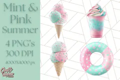 Pink and Mint Summer Clipart PNG Beach Icons, Summer Fun Png Product Image 1