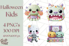 Kawaii Halloween Clipart Cute Kids and Candy Elements Png Product Image 1