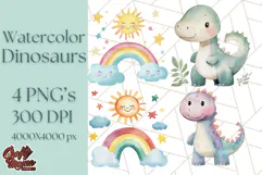 Watercolor Dinosaur and Rainbow PNG Clipart, Baby Nursery Product Image 1