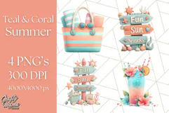 Coral and Aqua Summer Clipart PNG Pastel Tropical Icons Product Image 1