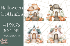 Watercolor Halloween Cottage Clipart, Ghosts &amp; Pumpkins Png Product Image 1