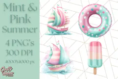Pink and Mint Summer Clipart PNG Beach Icons, Summer Fun Png Product Image 1