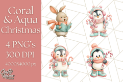 Coral and Aqua Christmas Clipart PNG, Pastel Holiday Art Product Image 1