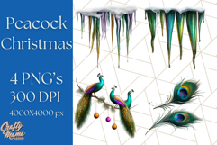 Peacock Christmas Clipart in Jewel Tones, Christmas Png Product Image 1