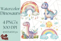 Watercolor Dinosaur and Rainbow PNG Clipart, Baby Nursery Product Image 1