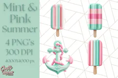 Pink and Mint Summer Clipart PNG Beach Icons, Summer Fun Png Product Image 1