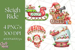 Santa Sleigh Ride Clipart PNG, Flying Reindeer Christmas Art Product Image 1