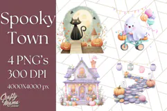 Pastel Halloween Town PNG Clipart, Spooky Shops & Homes Png Product Image 1