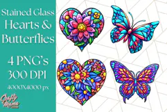 Stained Glass Hearts and Butterflies Clipart PNG Product Image 1
