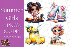 Chibi Summer Girls Clipart PNG, Bright Kawaii Summer Art Product Image 1