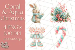 Coral and Aqua Christmas Clipart PNG, Pastel Holiday Art Product Image 1