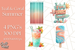 Coral and Aqua Summer Clipart PNG Pastel Tropical Icons Product Image 1