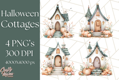 Watercolor Halloween Cottage Clipart, Ghosts &amp; Pumpkins Png Product Image 1