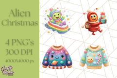 Alien Christmas Clipart, Cute Outer Space Holiday PNG Product Image 1