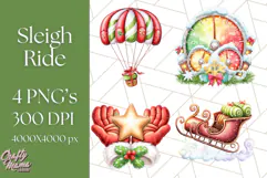 Santa Sleigh Ride Clipart PNG, Flying Reindeer Christmas Art Product Image 1