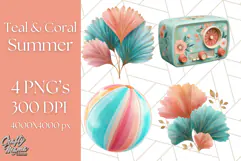 Coral and Aqua Summer Clipart PNG Pastel Tropical Icons Product Image 1