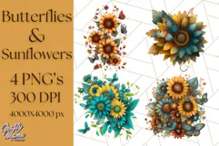 Sunflower and Butterfly PNG Clipart, Bright Jewel Tones Png Product Image 1