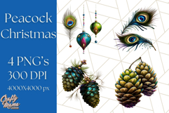 Peacock Christmas Clipart in Jewel Tones, Christmas Png Product Image 1