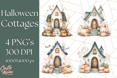 Watercolor Halloween Cottage Clipart, Ghosts &amp; Pumpkins Png Product Image 1