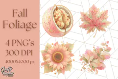 Fall Foliage Clipart PNG, Pink and Green Leaves Product Image 1