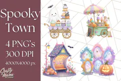 Pastel Halloween Town PNG Clipart, Spooky Shops & Homes Png Product Image 1
