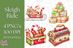 Santa Sleigh Ride Clipart PNG, Flying Reindeer Christmas Art Product Image 1