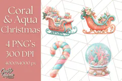 Coral and Aqua Christmas Clipart PNG, Pastel Holiday Art Product Image 1