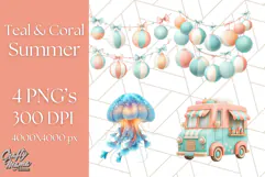 Coral and Aqua Summer Clipart PNG Pastel Tropical Icons Product Image 1