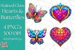 Stained Glass Hearts and Butterflies Clipart PNG Product Image 1