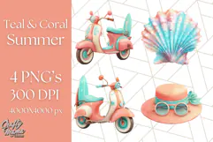Coral and Aqua Summer Clipart PNG Pastel Tropical Icons Product Image 1