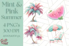 Pink and Mint Summer Clipart PNG Beach Icons, Summer Fun Png Product Image 1