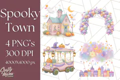 Pastel Halloween Town PNG Clipart, Spooky Shops & Homes Png Product Image 1