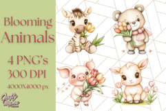 Cute Animals with Tulips PNG, Spring Flower Clipart Download Product Image 1