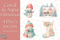 Coral and Aqua Christmas Clipart PNG, Pastel Holiday Art Product Image 1