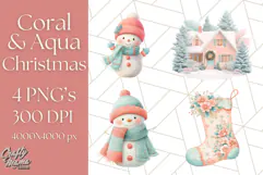Coral and Aqua Christmas Clipart PNG, Pastel Holiday Art Product Image 1