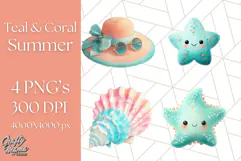 Coral and Aqua Summer Clipart PNG Pastel Tropical Icons Product Image 1