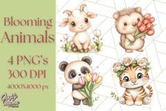 Cute Animals with Tulips PNG, Spring Flower Clipart Download Product Image 1