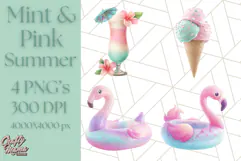 Pink and Mint Summer Clipart PNG Beach Icons, Summer Fun Png Product Image 1