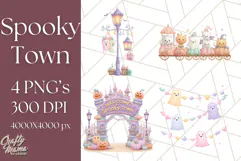 Pastel Halloween Town PNG Clipart, Spooky Shops & Homes Png Product Image 1