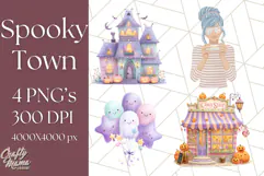 Pastel Halloween Town PNG Clipart, Spooky Shops & Homes Png Product Image 1