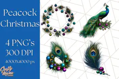 Peacock Christmas Clipart in Jewel Tones, Christmas Png Product Image 1