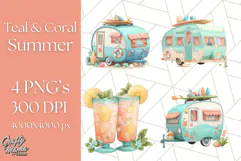 Coral and Aqua Summer Clipart PNG Pastel Tropical Icons Product Image 1