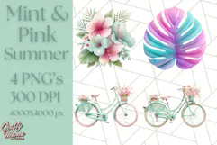 Pink and Mint Summer Clipart PNG Beach Icons, Summer Fun Png Product Image 1