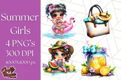 Chibi Summer Girls Clipart PNG, Bright Kawaii Summer Art Product Image 1