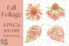 Fall Foliage Clipart PNG, Pink and Green Leaves Product Image 1