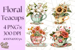 Vintage Floral Teacup Clipart PNG, Blooming Teacups Clip Art Product Image 1