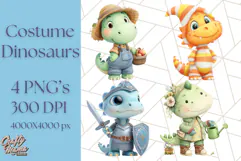Dinosaur Costume Clipart, Cute Dinos in Halloween Outfits Product Image 1