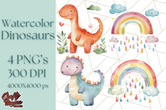 Watercolor Dinosaur and Rainbow PNG Clipart, Baby Nursery Product Image 1